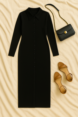 Women’s Knit Sweater Dress – Elegant Fit with Lapel & Buttons