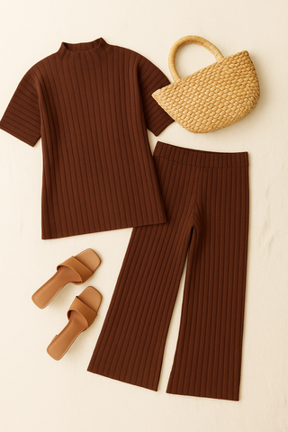 Women's two-piece set – knitwear look with sweater & pants, loose-fitting & versatile
