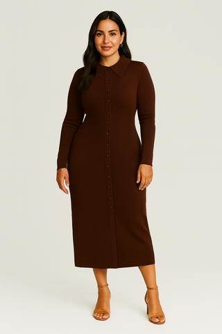 Women’s Knit Sweater Dress – Elegant Fit with Lapel & Buttons