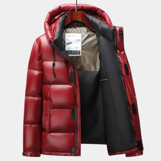 A men's hooded puffer jacket made from durable, insulated material, featuring a sleek and stylish design, perfect for keeping warm in cold weather. 0
