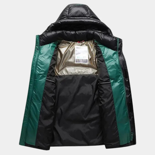 A men's hooded puffer jacket made from durable, insulated material, featuring a sleek, modern design that combines warmth and style, perfect for cold weather 1