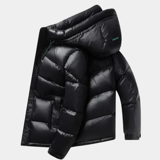 A warm and stylish men's hooded puffer jacket made from durable synthetic materials, featuring a sleek, modern design perfect for cold weather. 3